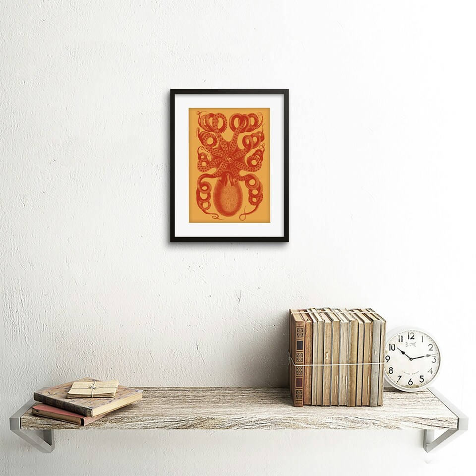 image 1 of Vintage Octopus Orange Sea Life Design Bathroom 9x7" Black Framed Wall Art Print