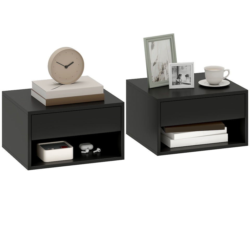 image 1 of HOMCOM Floating Nightstands Set of 2, Bedside Table w/ Drawer and Open Shelf