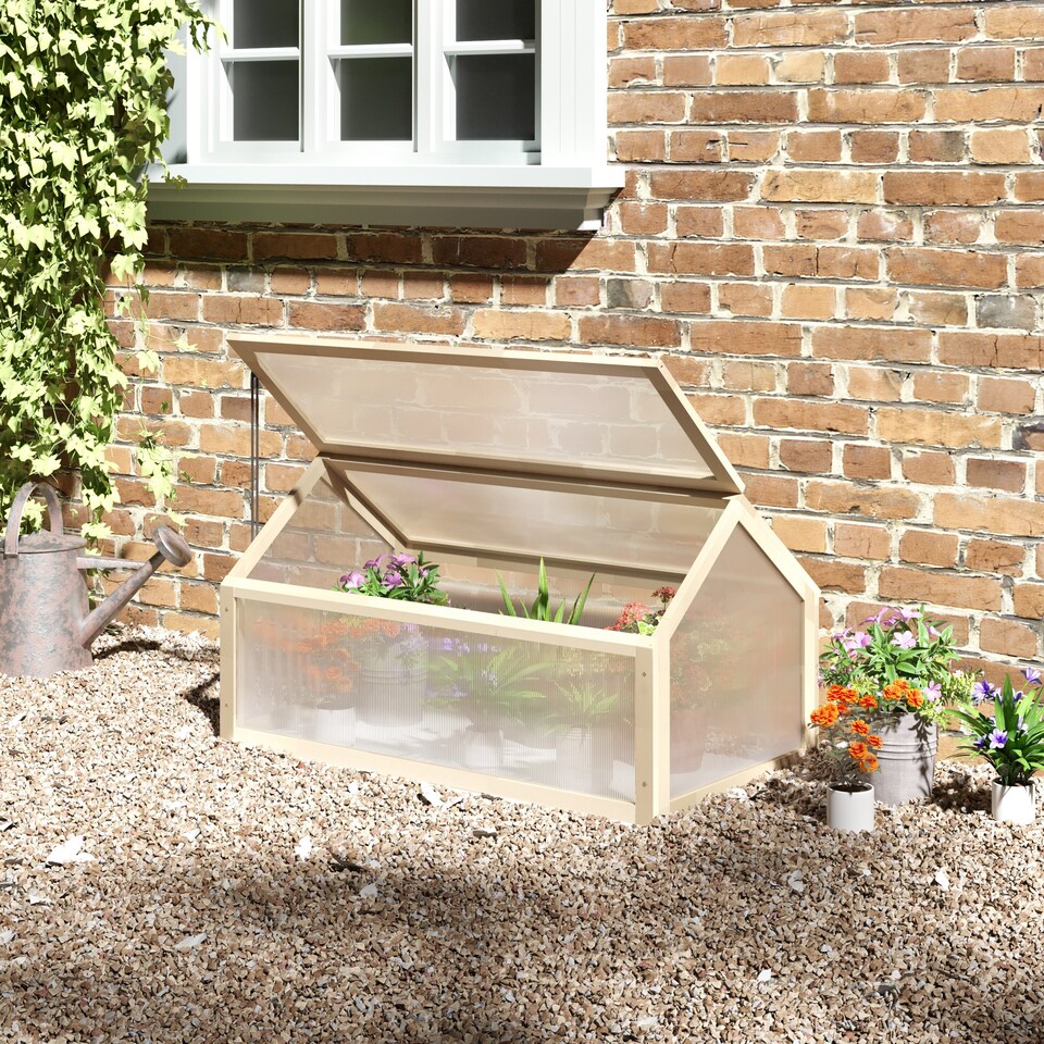 image 1 of Outsunny Wooden Cold Frame Greenhouse Garden Polycarbonate Grow House, Natural