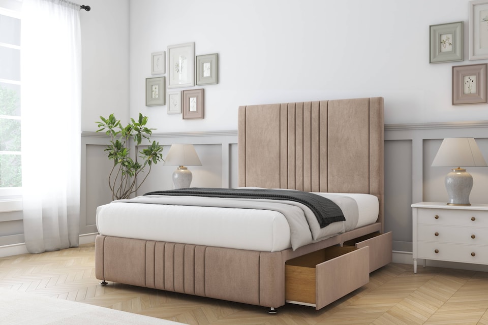 image 1 of Sloomy Harrington Latte Dumfries Divan Bed With Mattress 4 Drawers With 26" Strutted Headboard & 12" Matching Footboard 4'6 Double | Brown | Latte | Double | 1