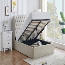 3ft Single Ottoman gas liftup storage bed frame,fabric upholstered, natural beige,buttoned back,curved bed frame,bedstead