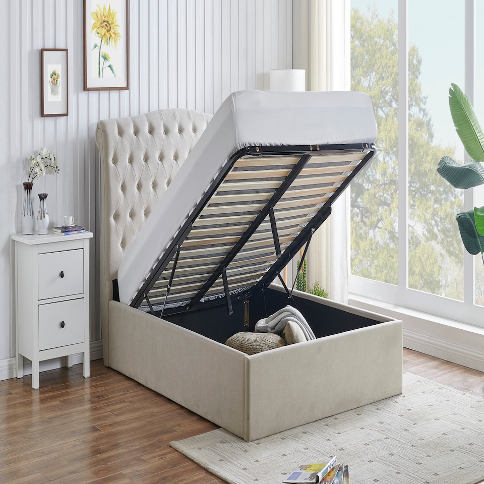 image 1 of 3ft Single Ottoman gas liftup storage bed frame,fabric upholstered, natural beige,buttoned back,curved bed frame,bedstead
