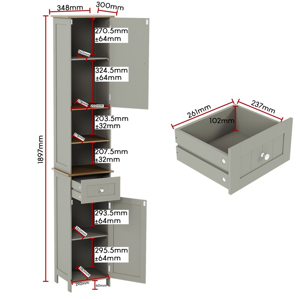 image 1 of Bath Vida Priano 2 Door Tall Bathroom Cabinet With Mirror, Grey & Oak