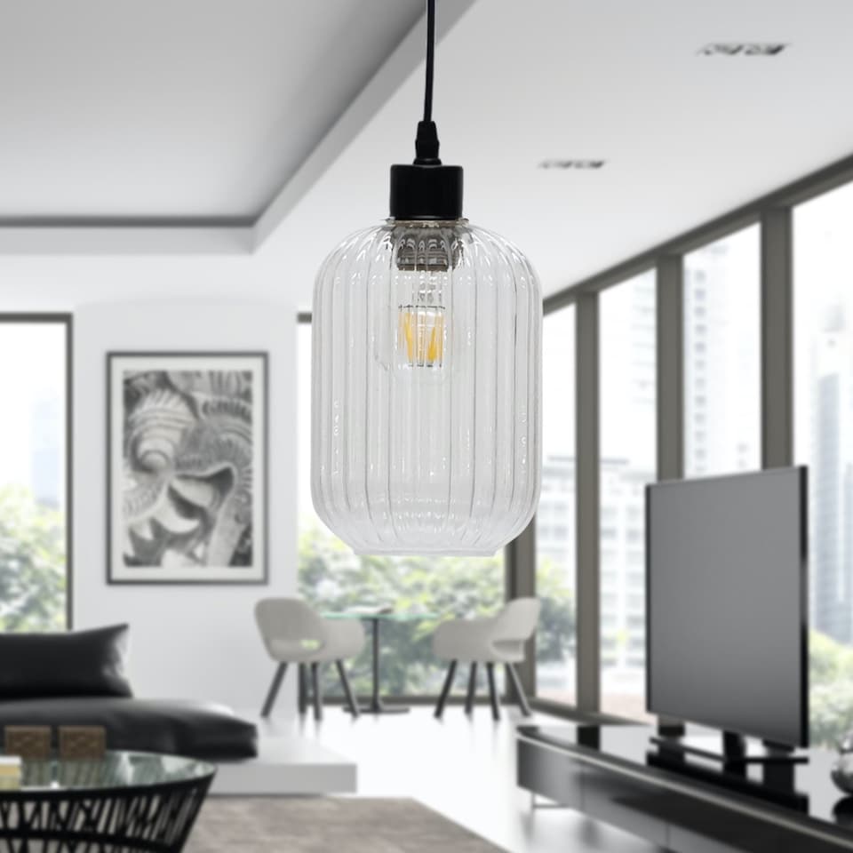 image 1 of Set of 2 Batley - Clear Ribbed Glass with Black Pendant Fittings | Clear | Clear | 2
