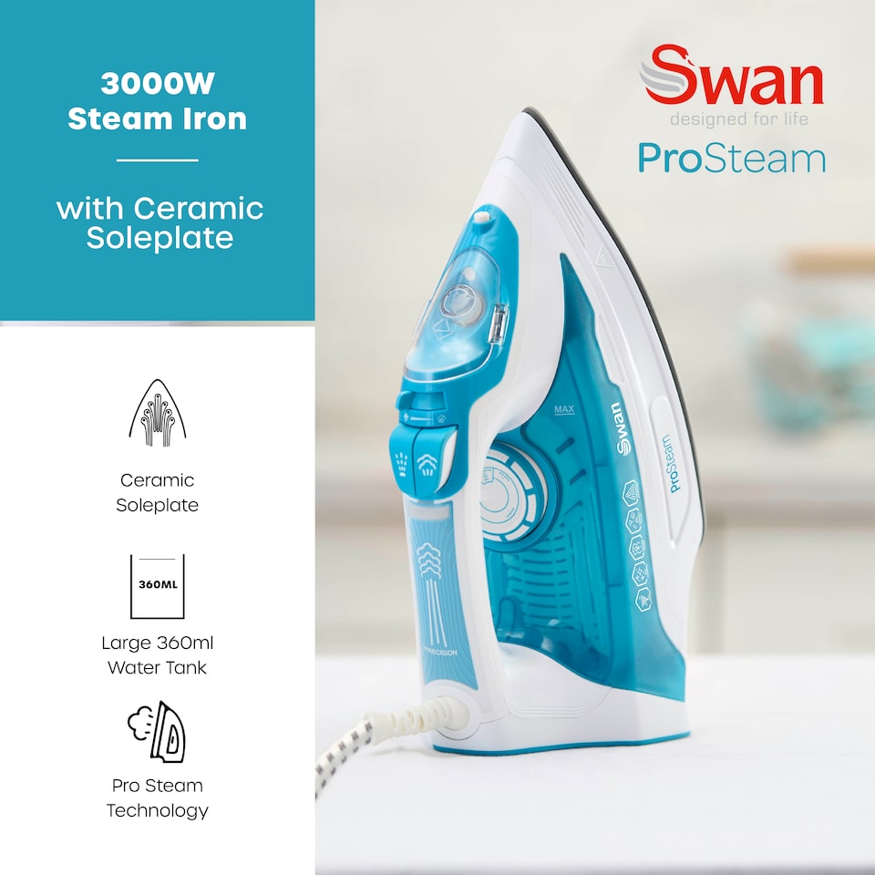 image 1 of Swan Steam Iron with Ceramic Soleplate, ProSteam Technology, Anti-Calc, Anti-Drip, Adjustable Temperature Dial and 360 Degree Swivel Cord, 3000W, White and Aqua, SI12055AQ