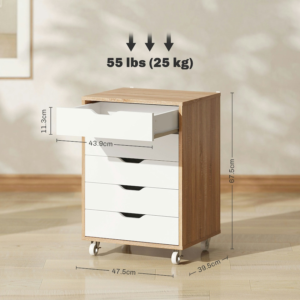 image 1 of Vinsetto Mobile Filing Cabinet, 5-drawer File Cabinet with Wheels, Oak