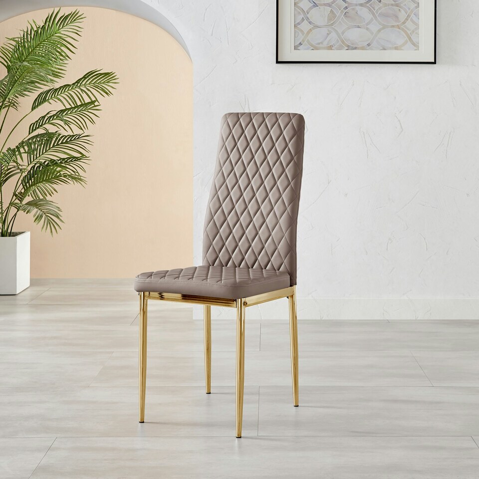 image 1 of Furniturebox 6x Milan Cappuccino Beige Gold Hatched Faux Leather Dining Chairs