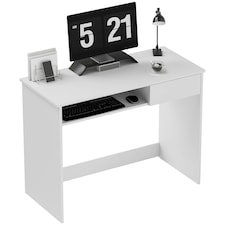 HOMCOM Compact Computer Table with Keyboard Tray and Drawer, White | White