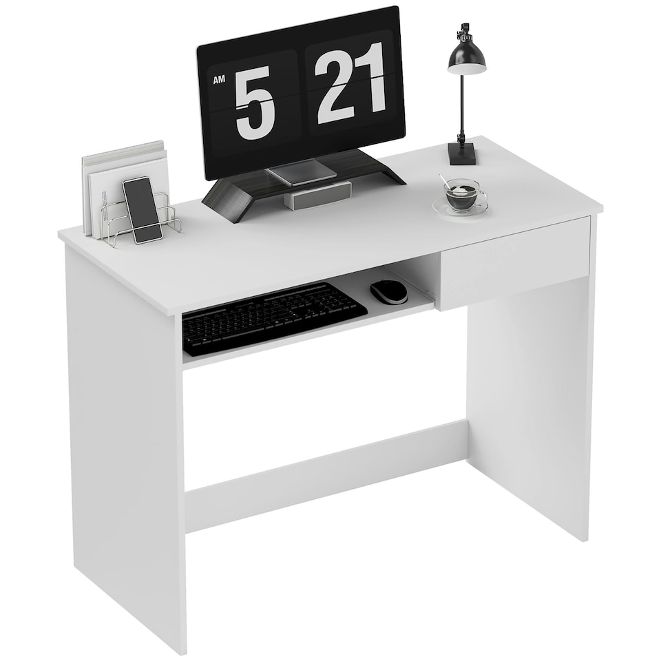 image 1 of HOMCOM Compact Computer Table with Keyboard Tray and Drawer, White | White