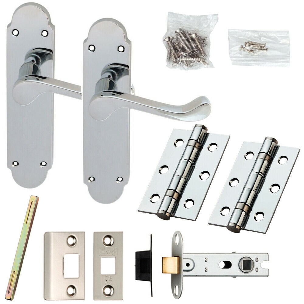 Loops Door Handle & Latch Pack Chrome Victorian Scroll Lever Backplate 170 x 42mm