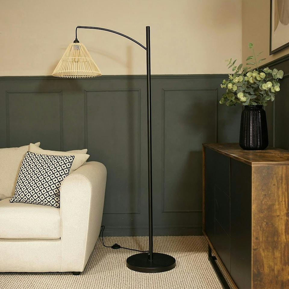 image 1 of ValueLights Preto Black Metal Curve Stem Floor Lamp with a Rattan Wicker Tapered Shade