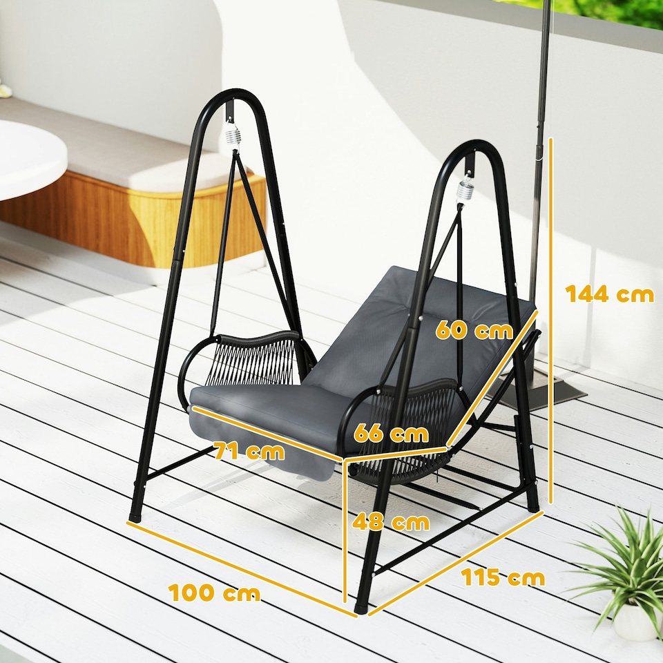 image 1 of Outsunny Rattan Swing Chair with Stand and Seat Cushion Grey | Dark Grey