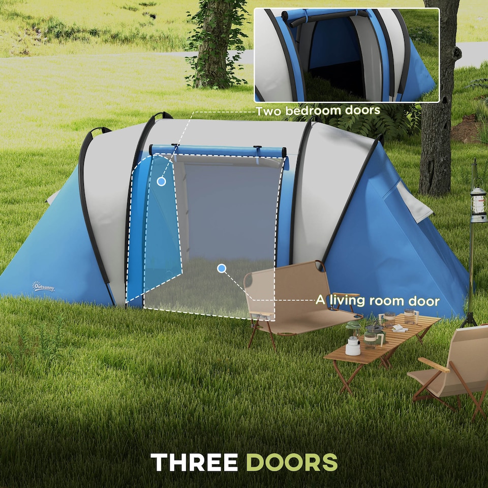 image 1 of Outsunny 2 Bedroom Camping Tent with Living Area, 3000mm Waterproof, Blue