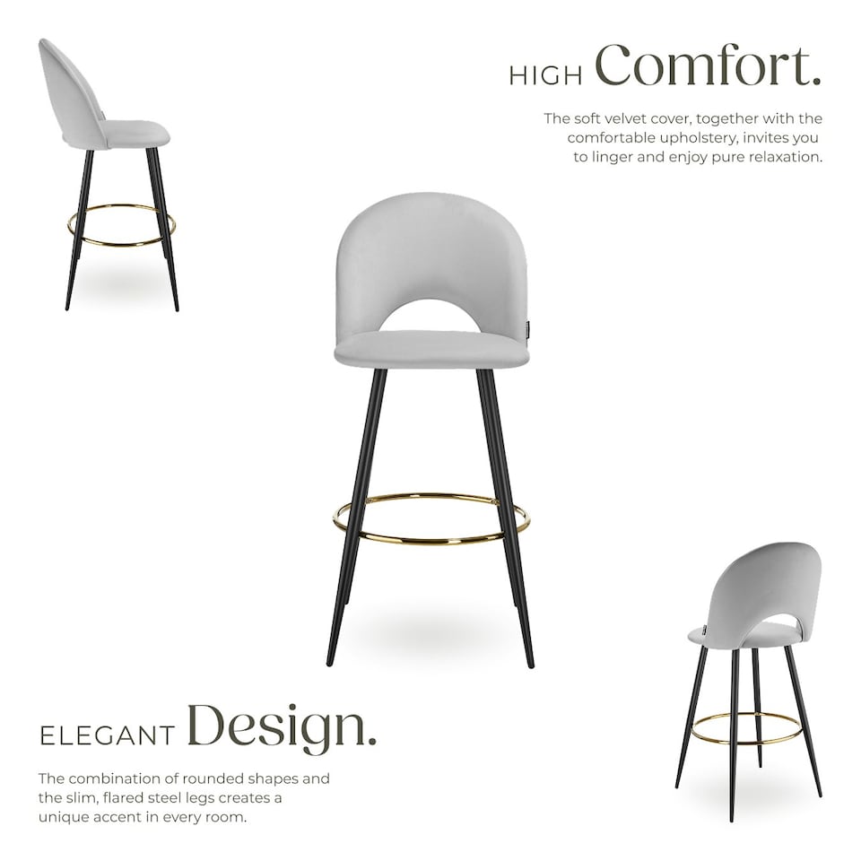 image 1 of Bar Stool Rachel with backrest and velvet look cover, 49 x 58 x 110 cm - Set of 2 Grey | Light Grey/Black