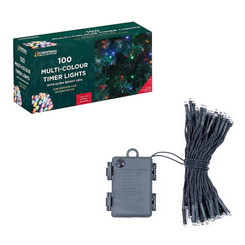 image 1 of Christmas Workshop 100 LED Battery Operated Timer Lights Multi