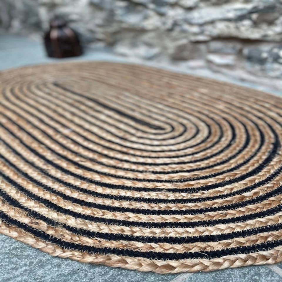 image 1 of CHAKKAR DARK Stripe Oval Beige Black Rug - Jute - L120 x W180 - Beige/Black Black