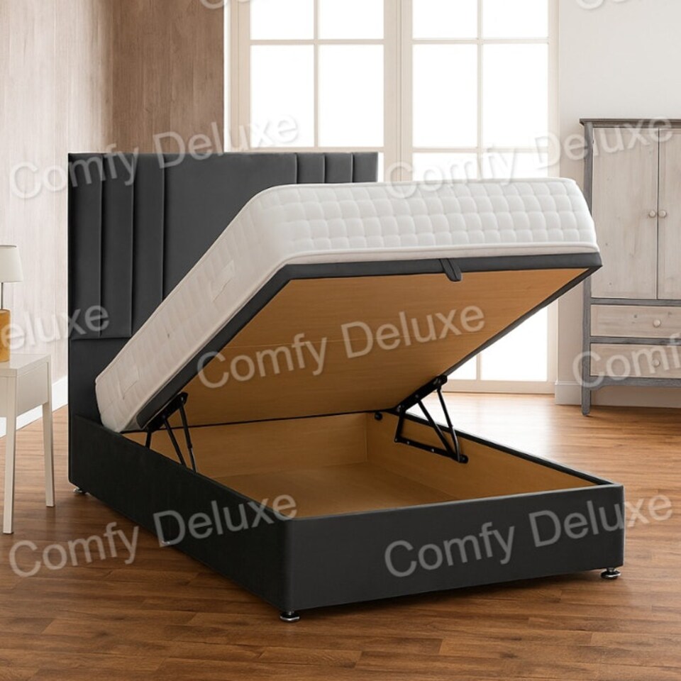 image 1 of Black Plush Velvet 4ft Small Double Ottoman Divan Foot Lift Bed Set