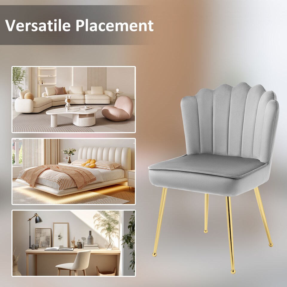 image 1 of HOMCOM Shell Luxe Velvet Accent Chair with Gold-tone Metal Legs, Modern Vanity Chair for Living Room, Bedroom, Home Office, Grey