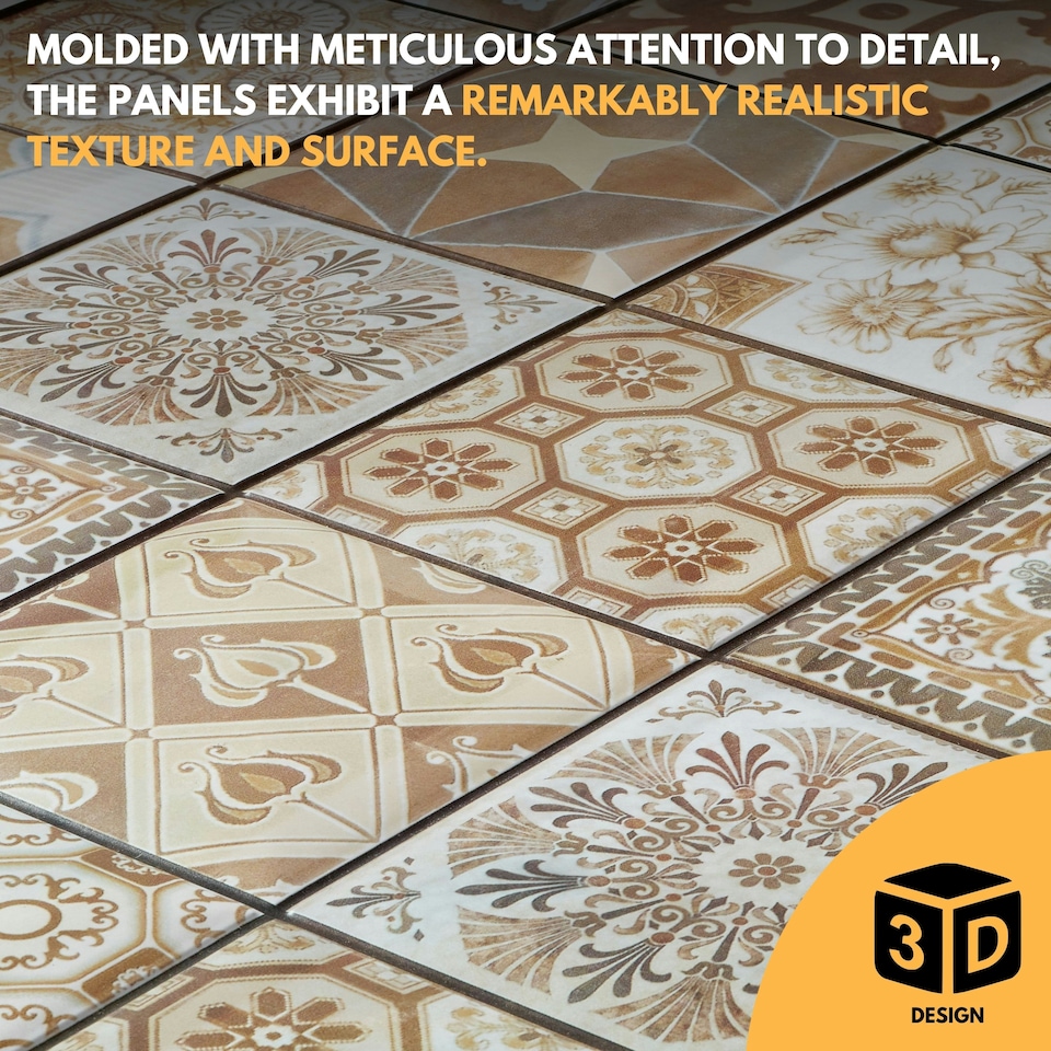 image 1 of NOVECRAFTO 3D Mediterranean Wall Panels – 6 PVC Sheets, Covers 2.76 sqm (29.76 sq ft), 96x48cm Each – Brown & Beige Tile Pattern Decorative Cladding