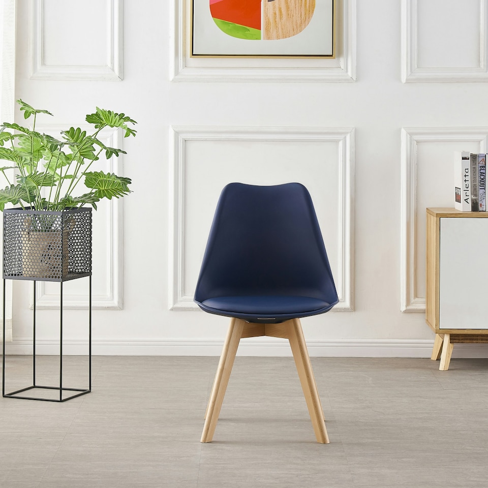image 1 of 5PCs Dining Set - a White Round Dining Table & Set of 4 White Lorenzo Tulip chairs with Padded Seat | Blue
