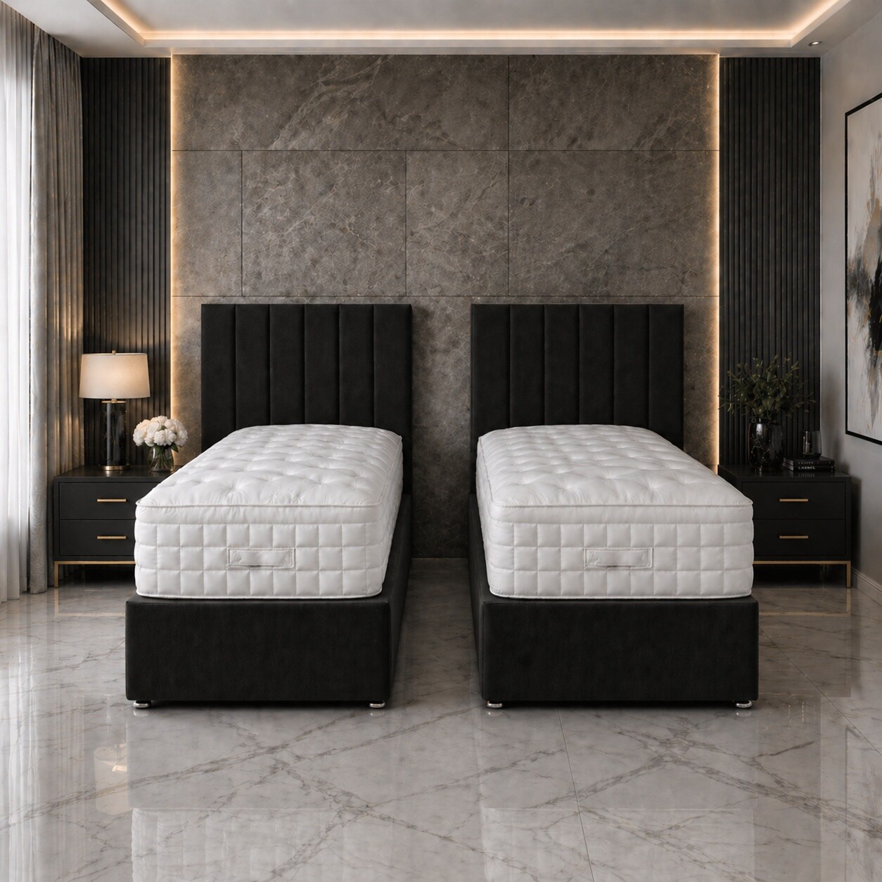 6ft Superking Zip Link 6x3 Length Black Plush Divan Bed Full Set 4 Drawers