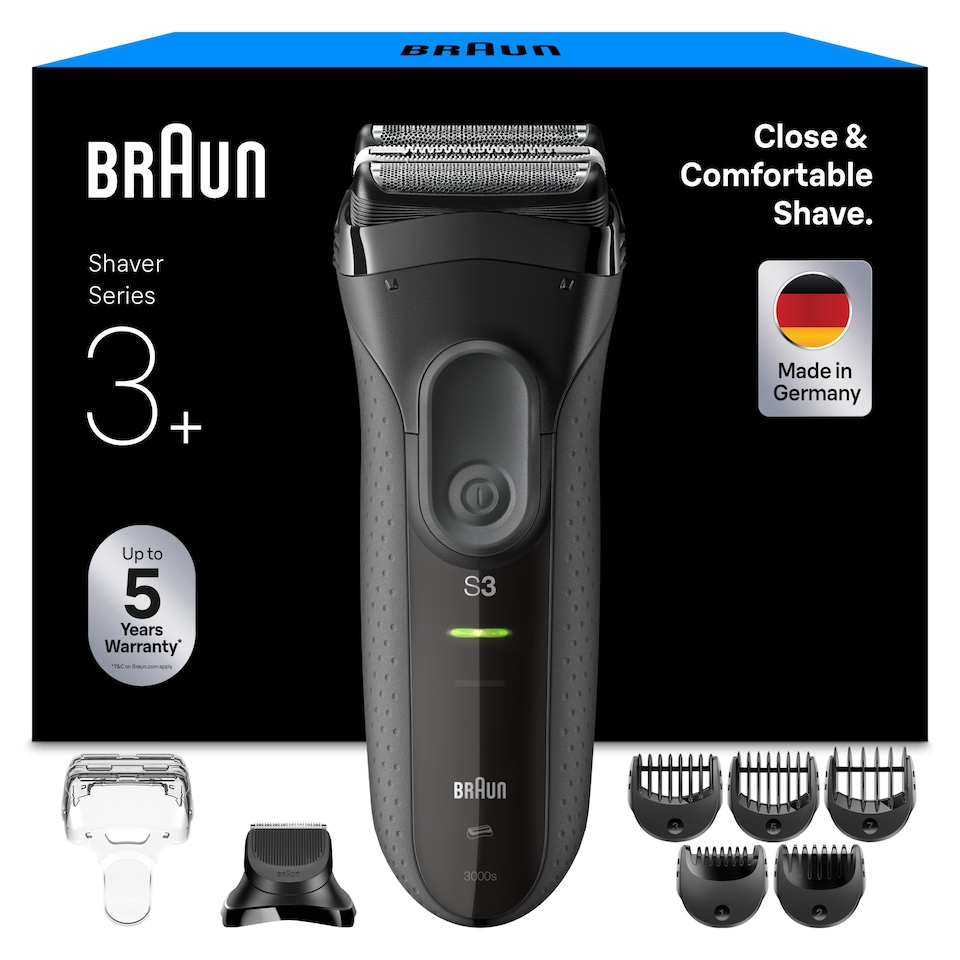 image 1 of Braun Series 3+ Electric Shaver, Beard Trimmer Attachment, Dry, 3000BT, Grey