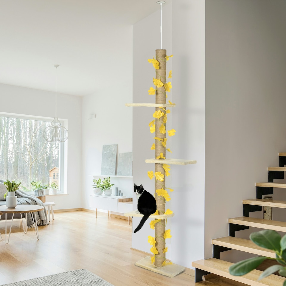 image 1 of PawHut 242cm Floor to Ceiling Cat Tree with Leaves, Scratching Post, Yellow