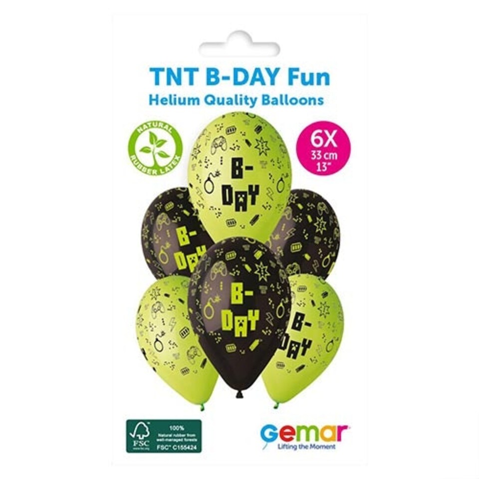 image 1 of TNT B-Day Gaming Green & Black Latex Balloons 33cm / 13 in - Pack of 6
