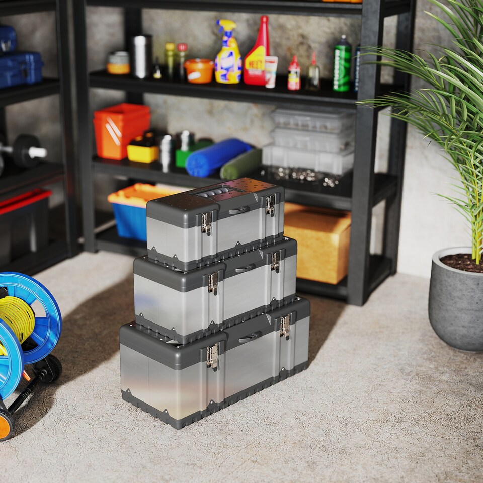 image 1 of HOMCOM 3 Pieces Tool BoSet, 23 19 16 Powder Coated Stainless Steel Toolbowith Removable Tray, Handles, Latches, Heavy Duty Tool Case Storage for Workshop, Garage | Silver