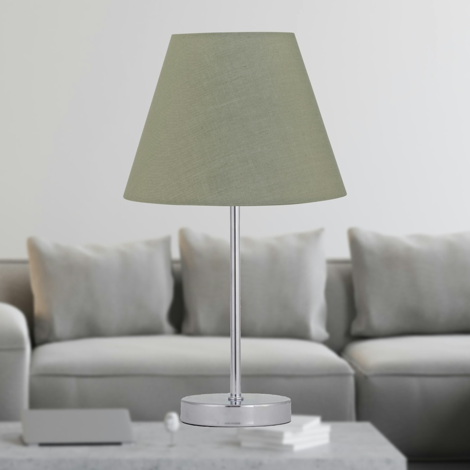 image 1 of Set of 2 Chrome Stick Table Lamps with Sage Green Fabric Shades Chrome | Green