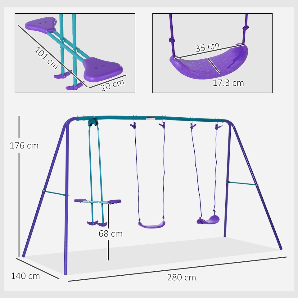 image 1 of Outsunny Metal Swings Set w Seesaw, Adjustable Height | Purple | Purple