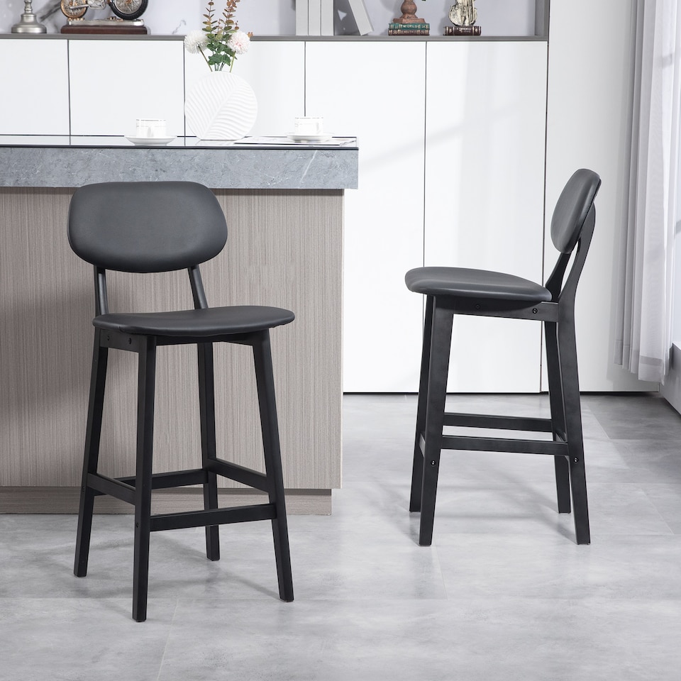 image 1 of HOMCOM Bar Stools Set of 2, Breakfast Bar Chairs, PU Leather Upholstered Kitchen Stools with Backs, Footrests and Solid Wood Legs, Black