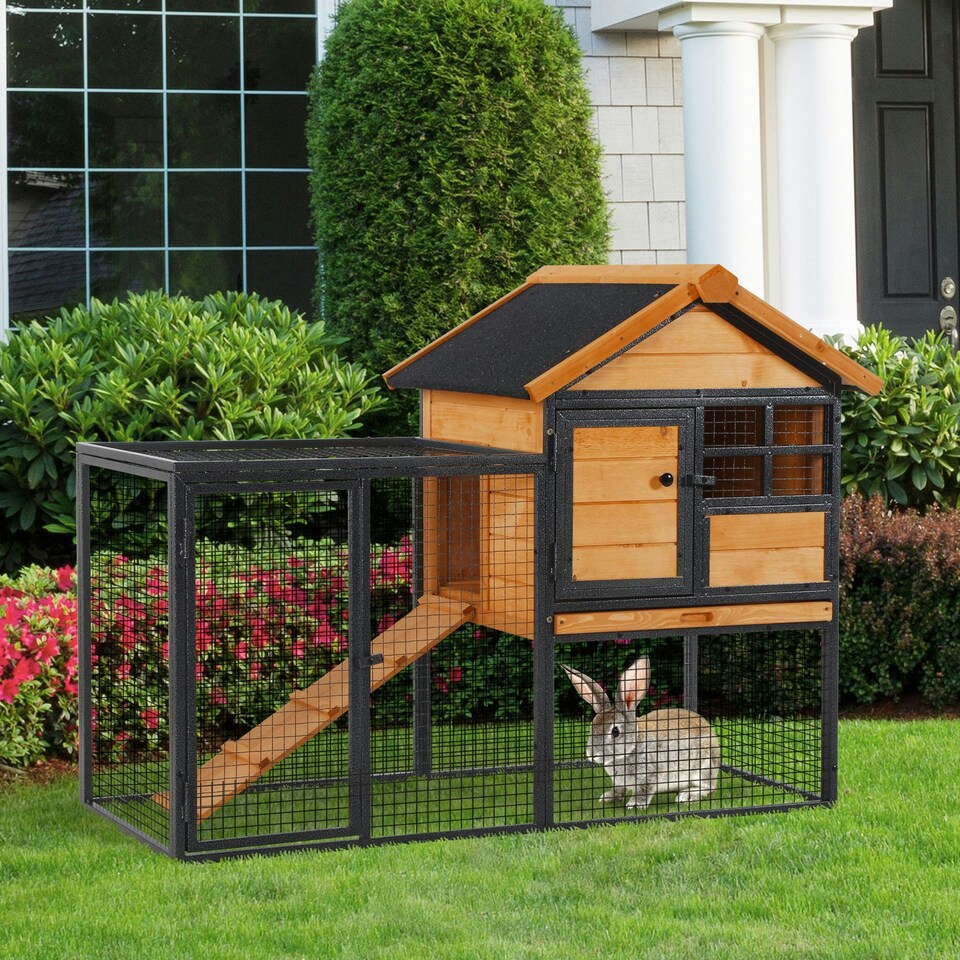 image 1 of PawHut Wood-metal Rabbit Hutch Elevated Pet House Outdoor 122 x 63 x 92cm