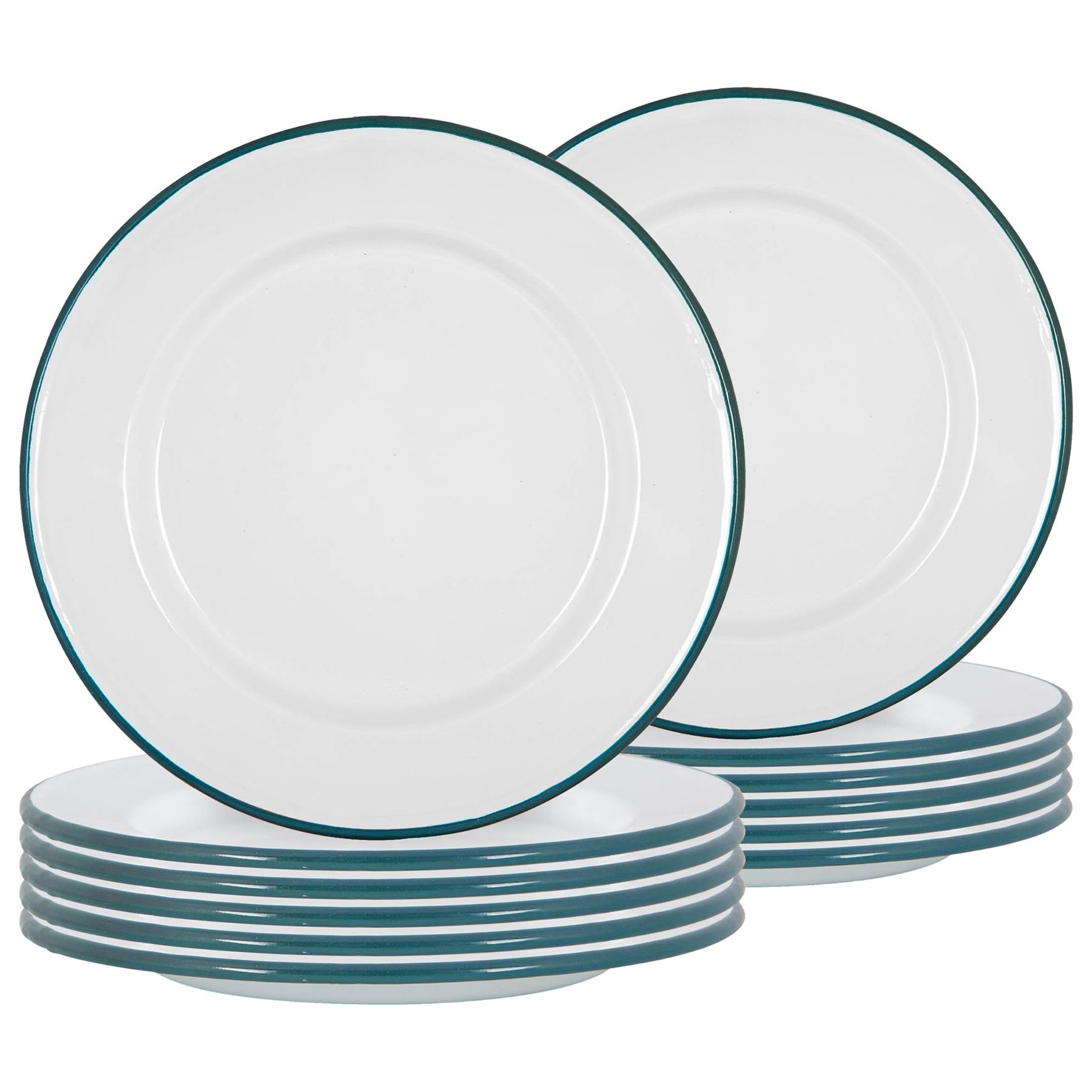 Argon Tableware White Enamel Dinner Plates - 25.5cm - Green - Pack of 12
