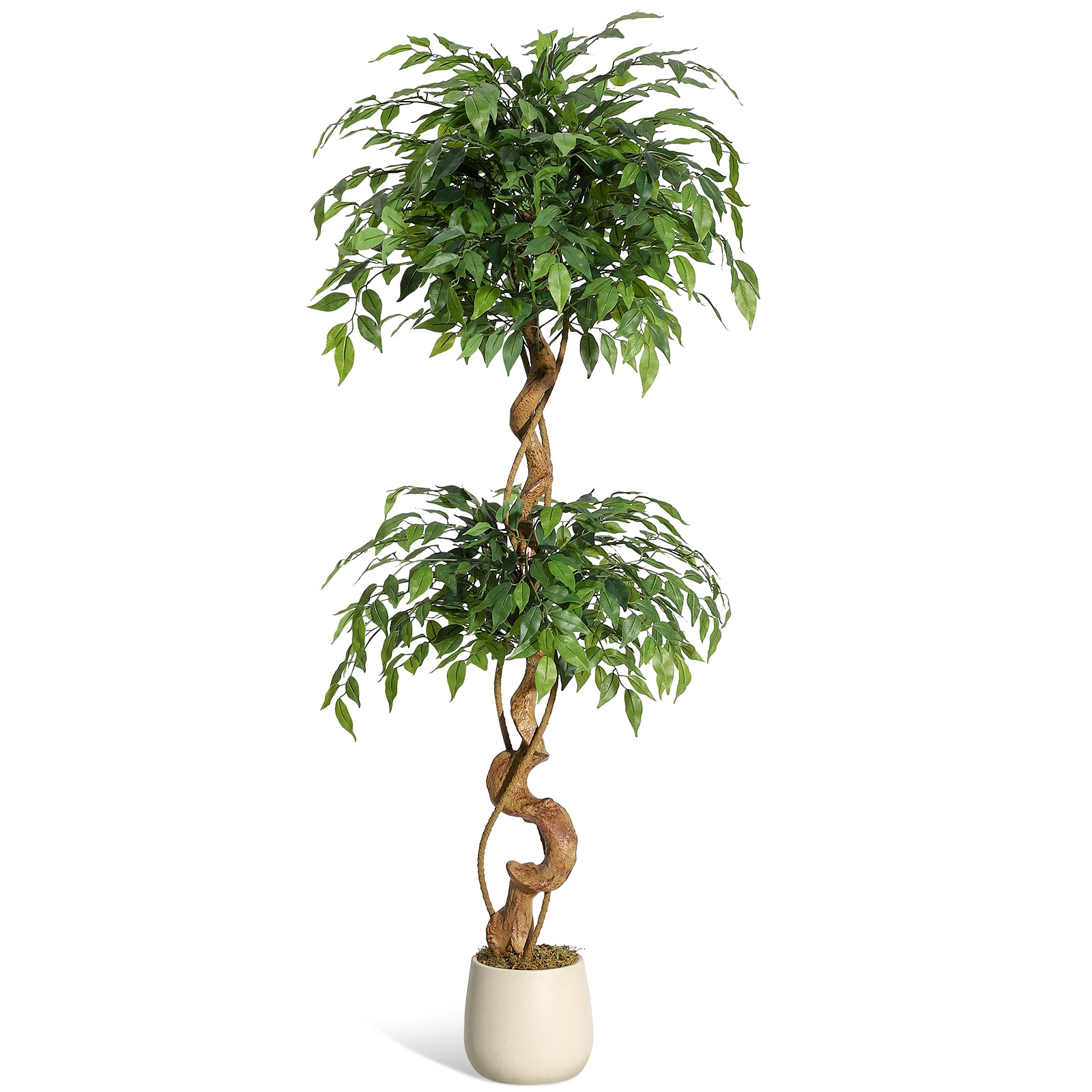 London Boutique 180cm 6FT Artificial Ficus Tree Lifelike Faux Ficus Benjamina Plant Twisted Stem Weeping Fig