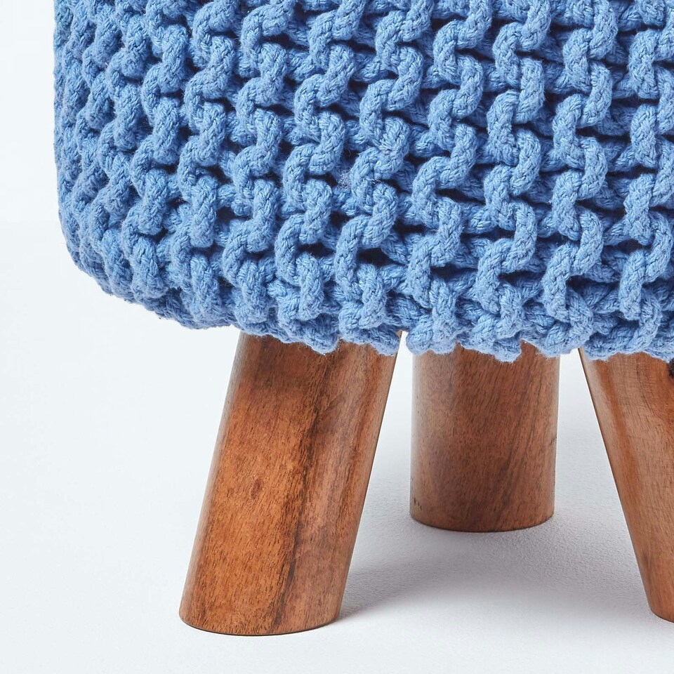 image 1 of Homescapes Blue Tall Cotton Knitted Footstool on Legs