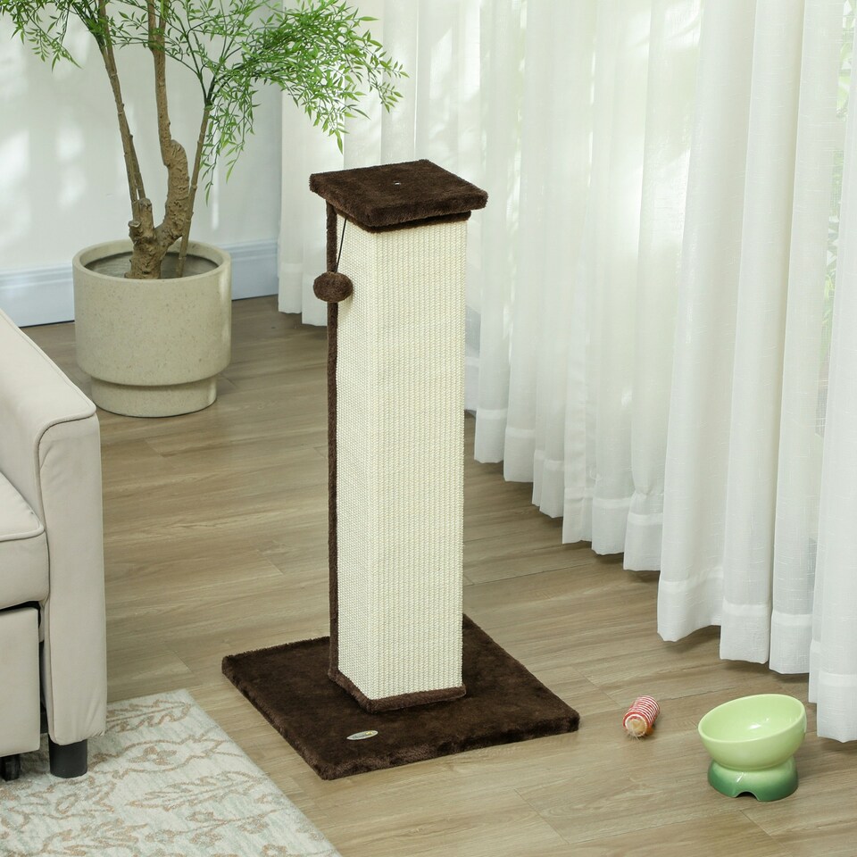 image 1 of PawHut Cat Scratching Post with Vertical Sisal Rope Ball Plush, 81cm, Brown