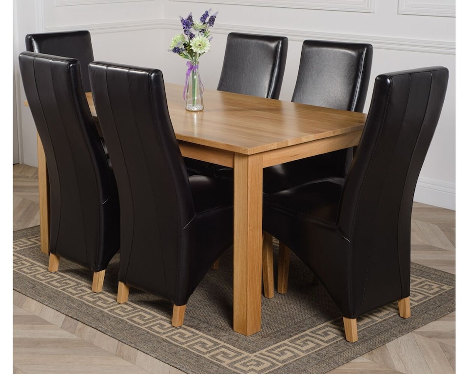 image 1 of Oslo 150 x 90 cm Medium Oak Dining Table and 6 Lola Leather Chairs | Black | Black