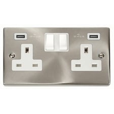 SE HOME Satin Brushed Chrome 2 Gang 13A 2 USB Twin Double Switched Plug Socket | Chrome | Satin Chrome