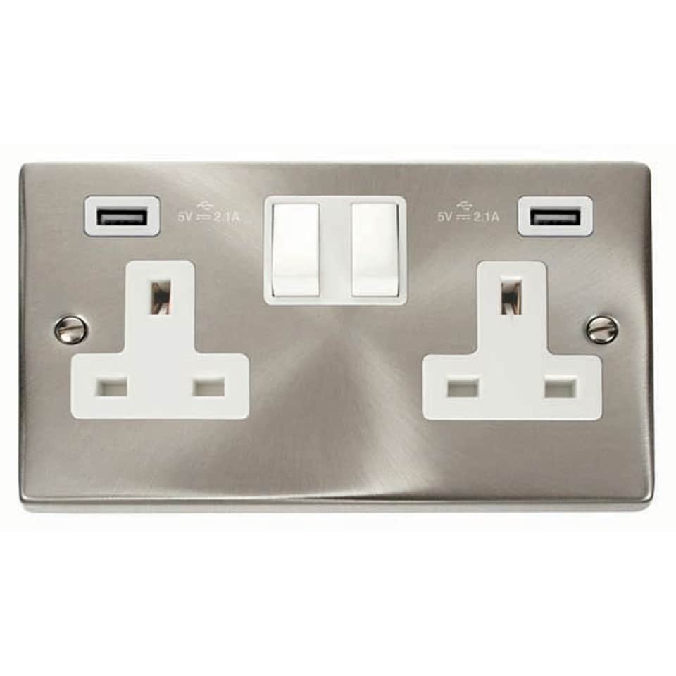 image 1 of SE HOME Satin Brushed Chrome 2 Gang 13A 2 USB Twin Double Switched Plug Socket | Chrome | Satin Chrome