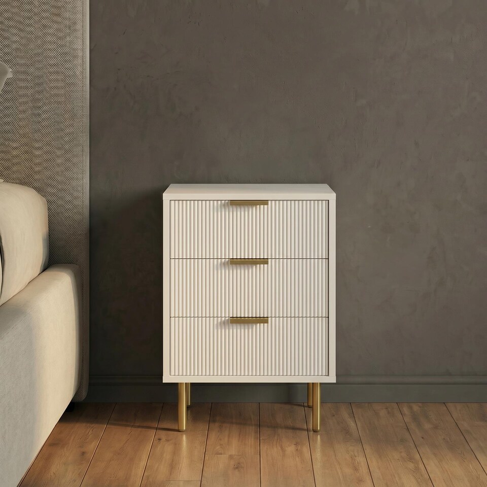 image 1 of OHS Ribbed 3-Drawer Bedside Cabinet Engineered Wood Nightstand Office