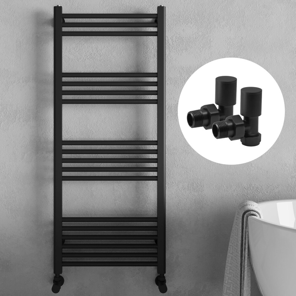 image 1 of Matt Black 800 x 300mm Heated Bathroom Towel Rail Warmer Ladder Radiator with Angled Manual Valves Pair