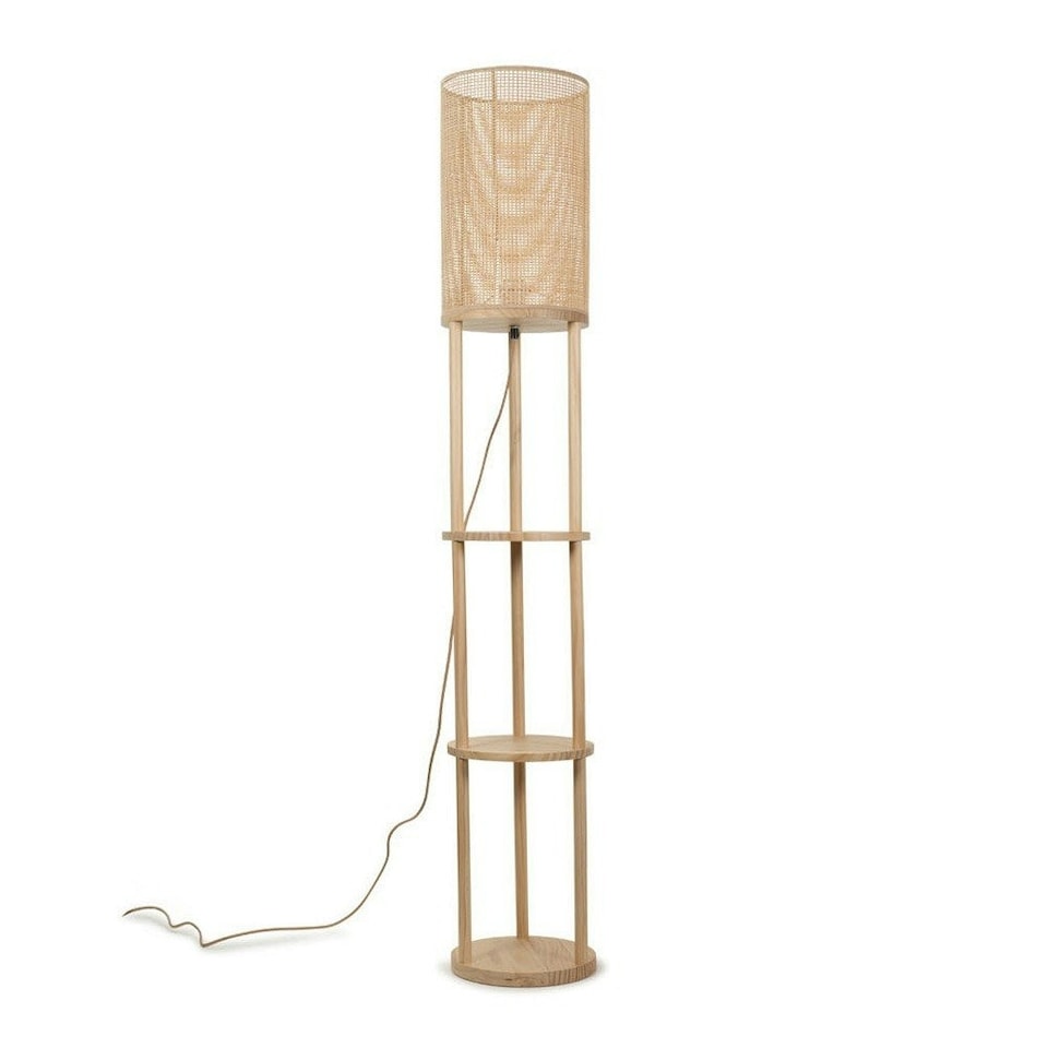 image 1 of ValueLights Elsa Natural Wooden 3 Tier Floor Lamp with Bamboo Shade and Storage Shelves - Bulb Included | Cream