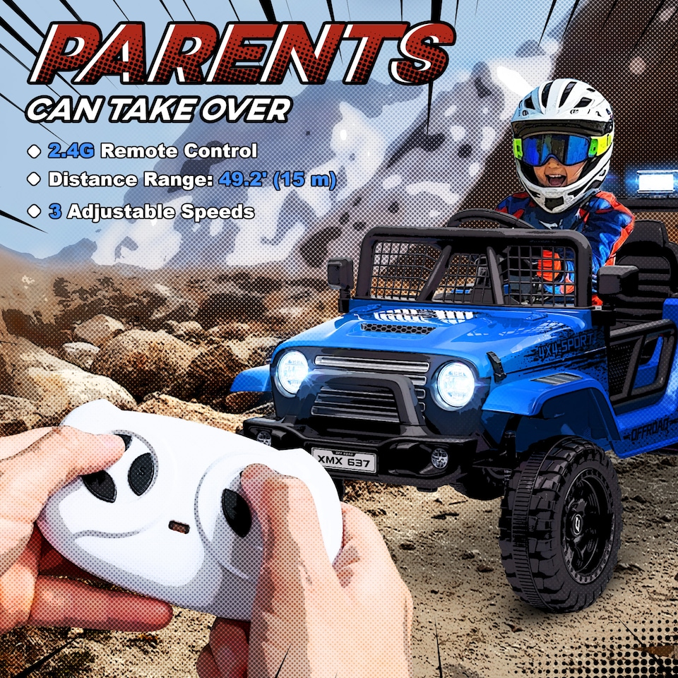 image 1 of AIYAPLAY Electric Car for Kids, 12V Kids Ride On Car with 4 Spring Suspension Wheels, Parental Remote Control, Music Horn LED Lights, Blue