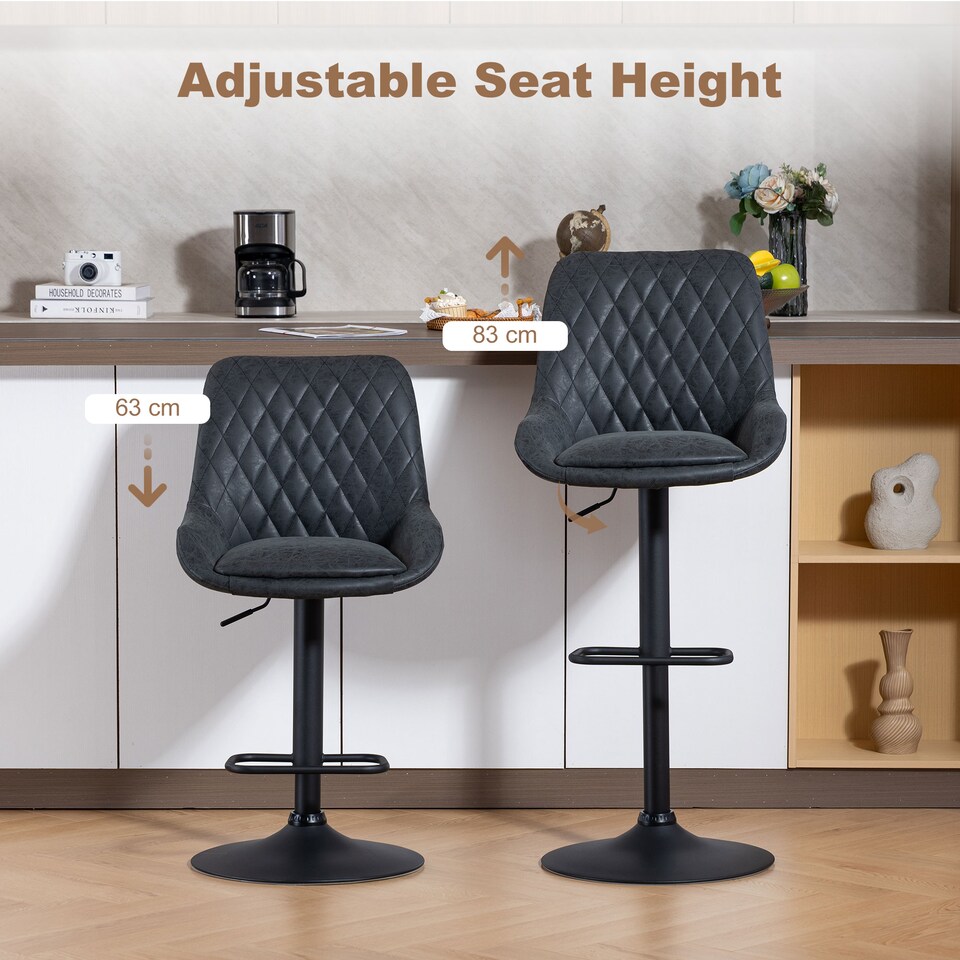 image 1 of HOMCOM Breakfast Bar Stools Set of 2 with 51x40cm Wide Seat, Height Adjustable Kitchen Counter Chairs, Retro Swivel Upholstered Barstools with Back, Footrest and Steel Base, Black | Black | Black