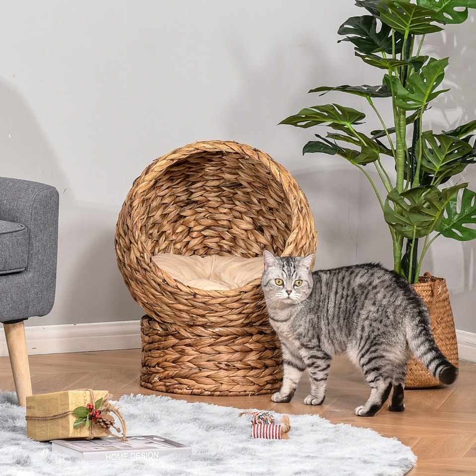 image 1 of PawHut Elevated Kitten Hooded Rattan Cat House Basket Cushion, 52x42x60cm Brown