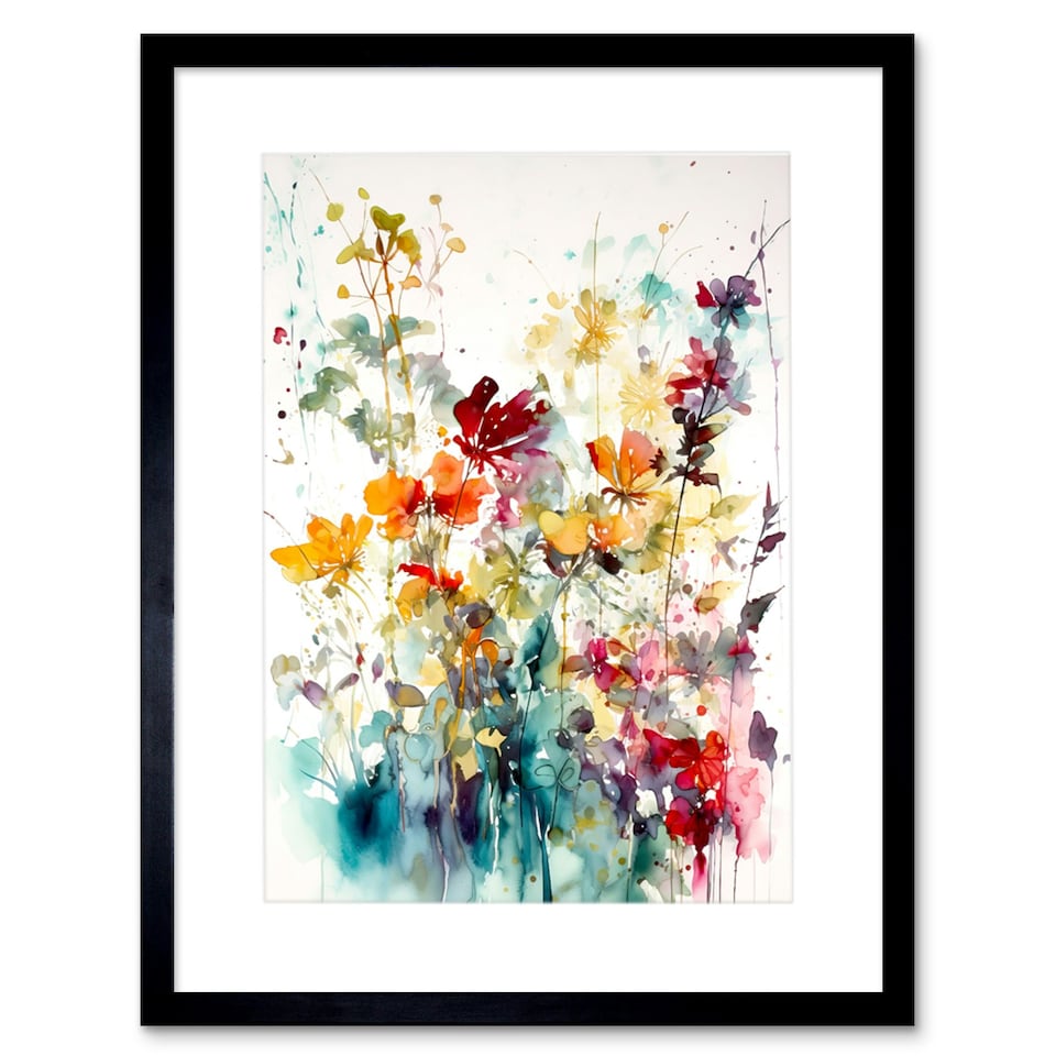 image 1 of Wild Flowers Abstract Watercolour Orange Purple 9x7" Black Framed Wall Art Print
