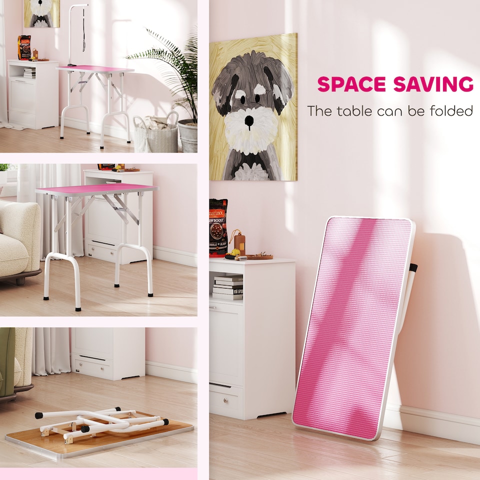 image 1 of PawHut Foldable Dog Grooming Table Adjustable Arm for Small Dogs 81x49x80 cm | Pink | Pink | 81 x 48.5 x 80 cm