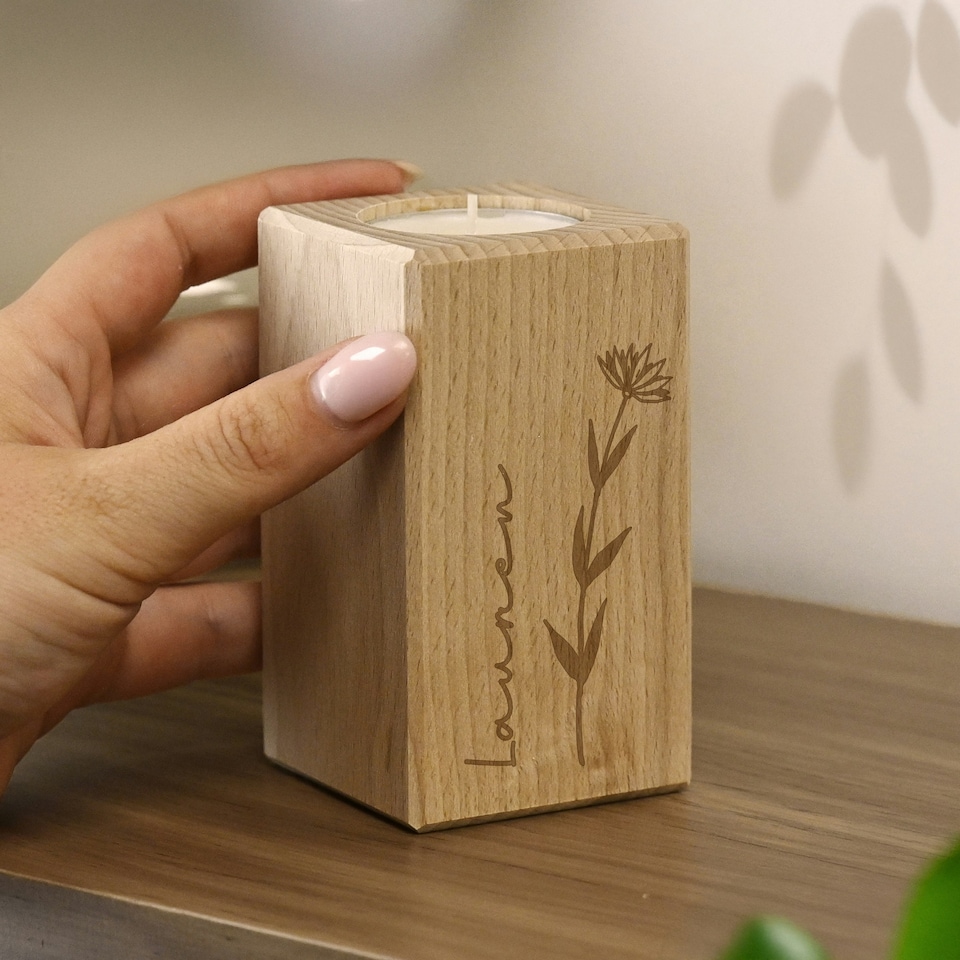 image 1 of Personalised Floral Wooden Tealight Holder | Brown