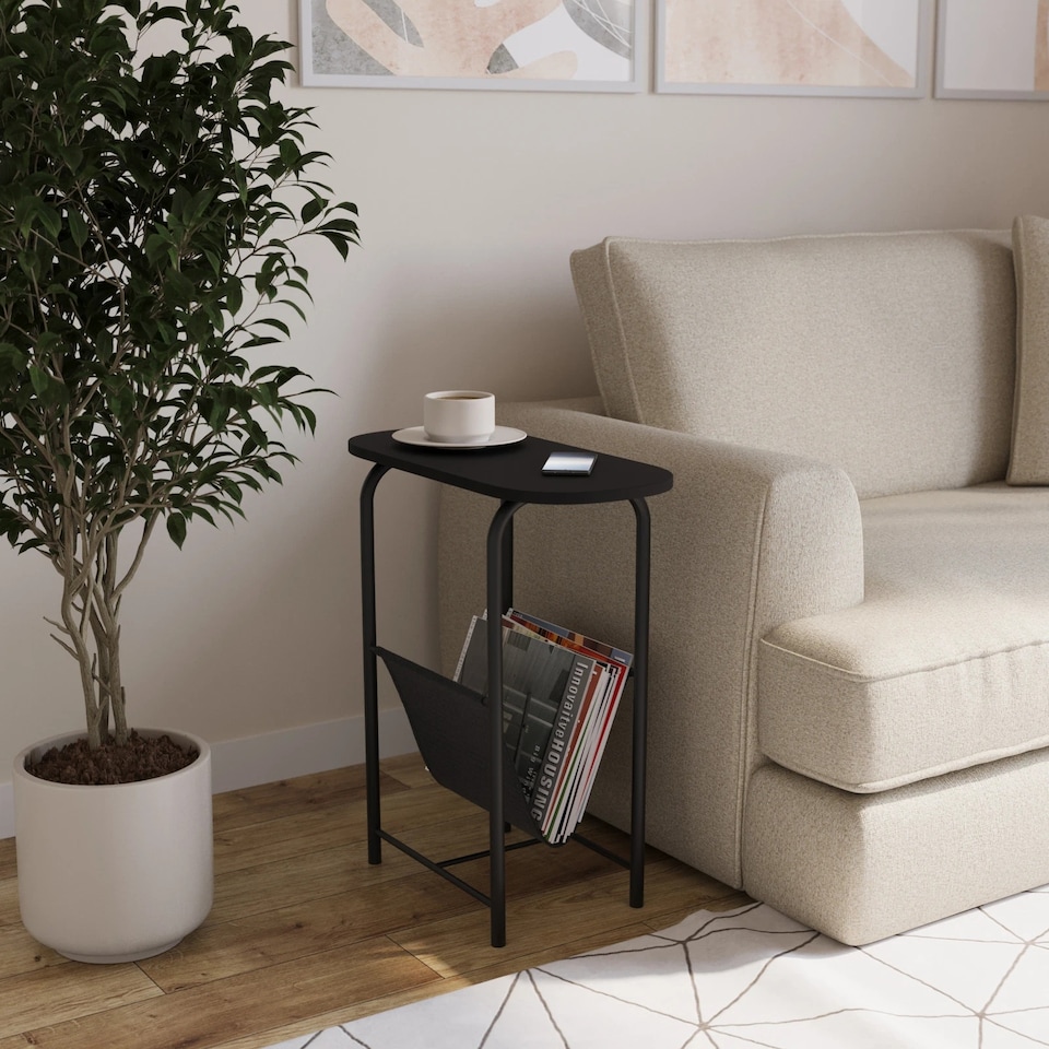 image 1 of Slim Oval Side End Table with Magazine Holder Sling Rack Coffee Snacks Newspapers | Multi | Black